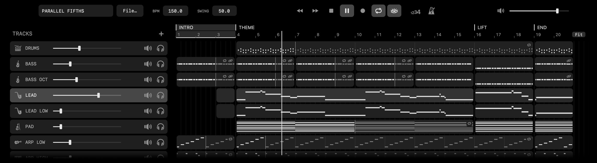 The board: sixteen-track rows of Clips under the INTRO, THEME, LIFT and END Markers
