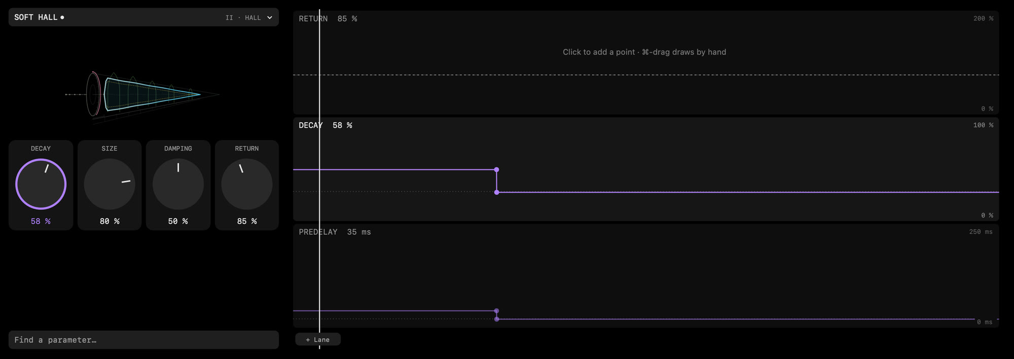 The hall effect with its DECAY and PREDELAY Lanes over the song's time