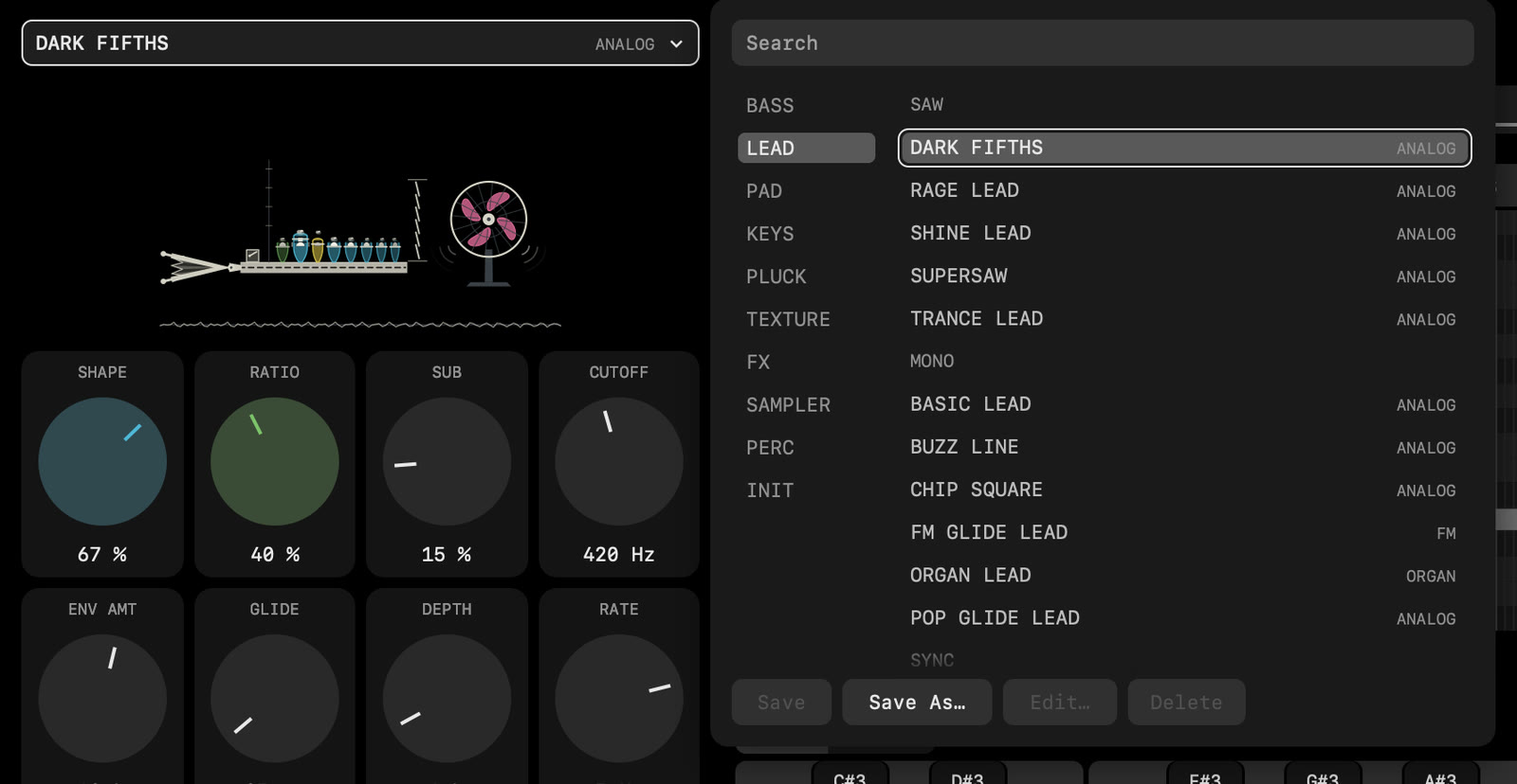 The Preset browser open beside the sound: groups on the left, leads on the right