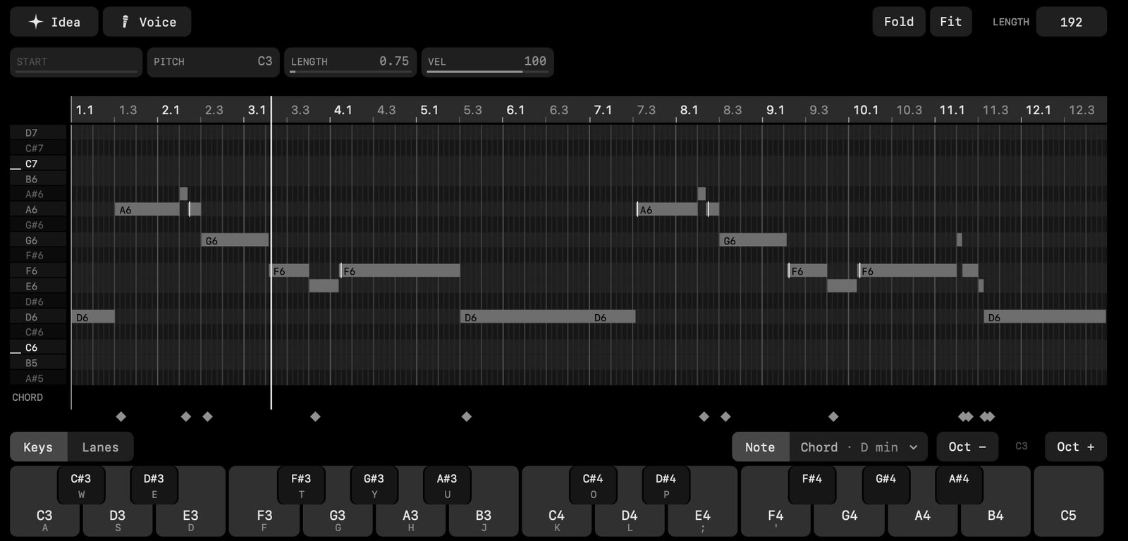The piano roll with a lead line and the piano keys under it
