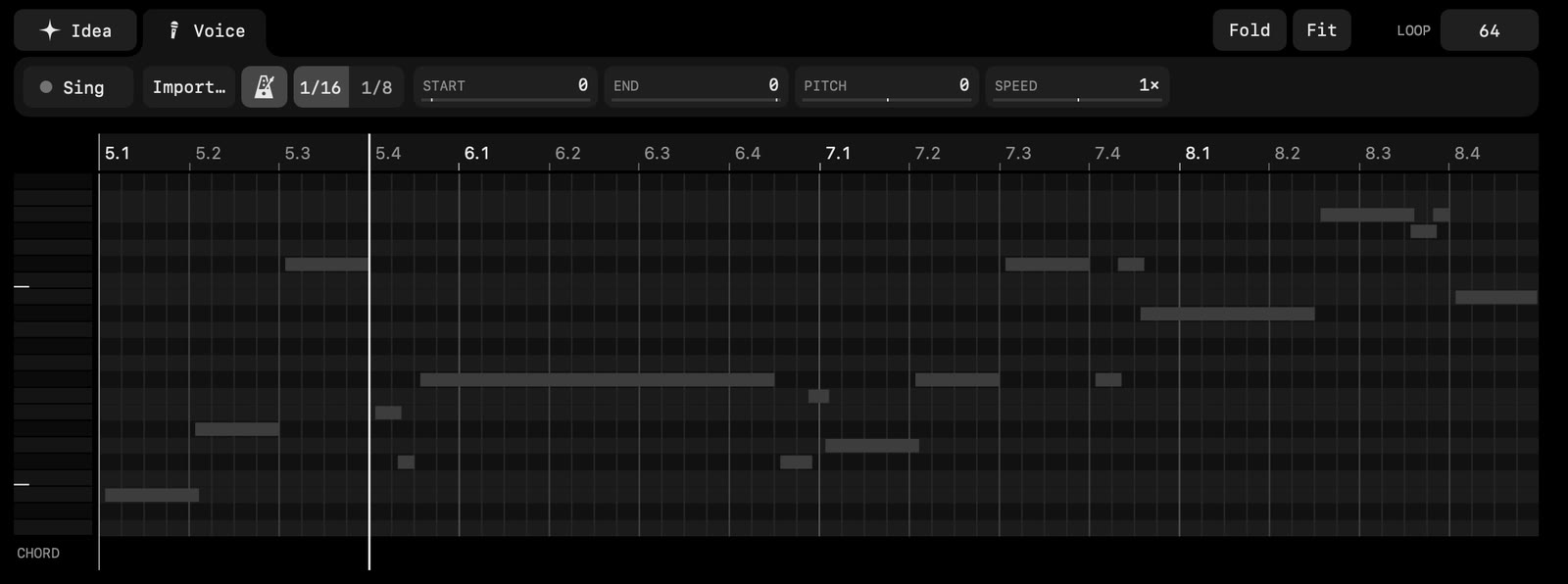 The Voice panel: Sing, Import, the grid choice and the pitch and speed fields